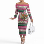 Aussie Galah Christmas Off The Shoulder Long Sleeve Dress Festive Knitted Pattern Inspired