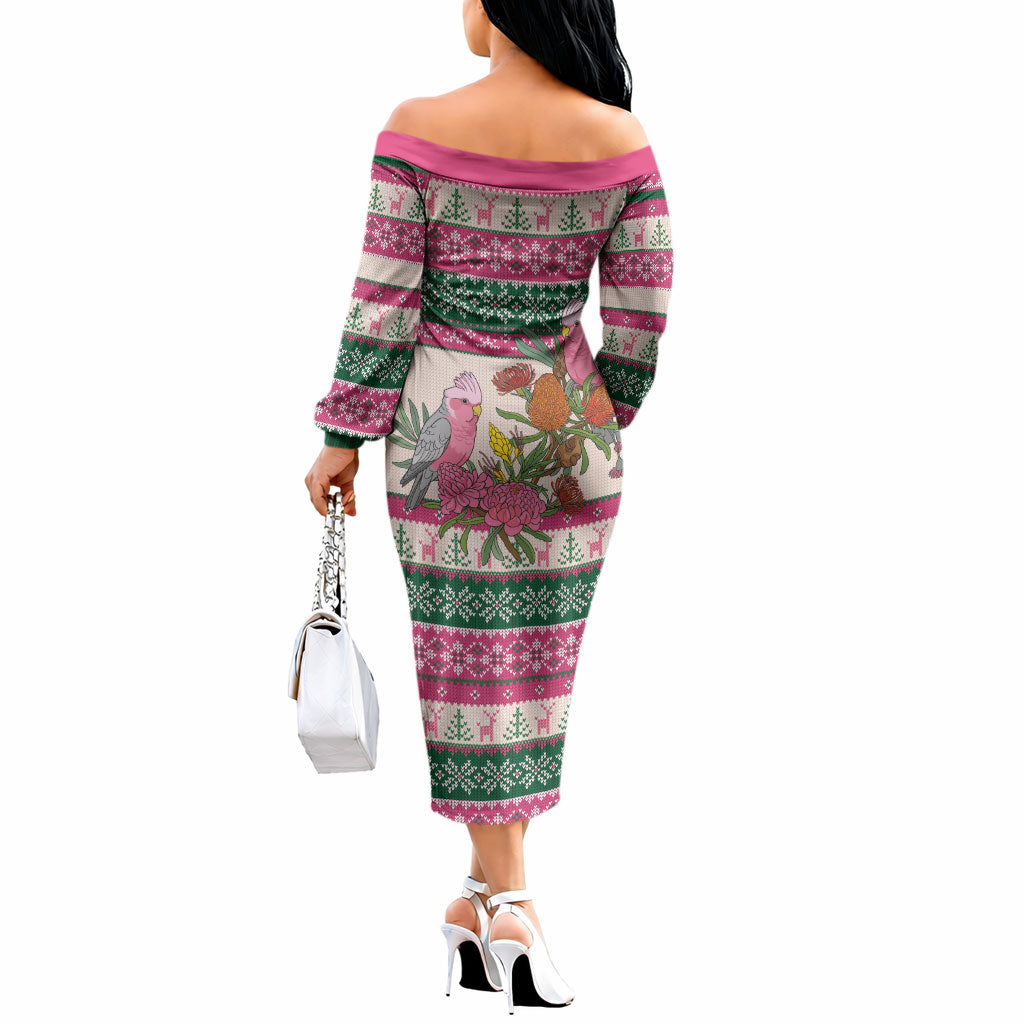 Aussie Galah Christmas Off The Shoulder Long Sleeve Dress Festive Knitted Pattern Inspired