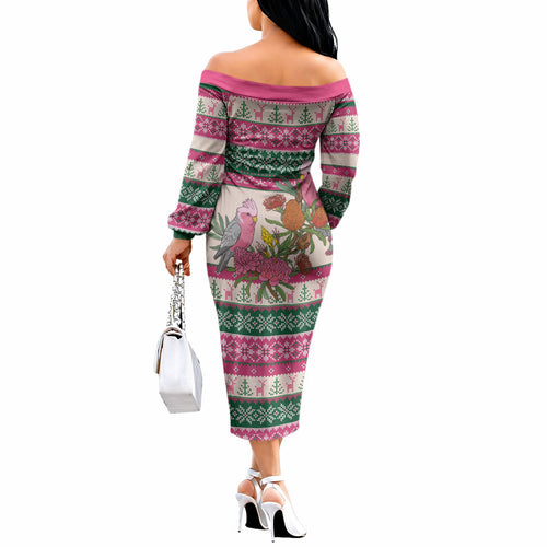 Aussie Galah Christmas Off The Shoulder Long Sleeve Dress Festive Knitted Pattern Inspired