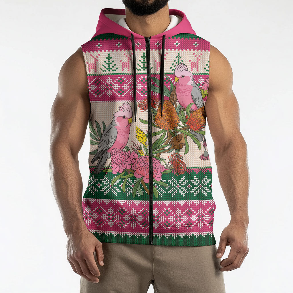 Aussie Galah Christmas Sleeveless Zip Hoodie Festive Knitted Pattern Inspired