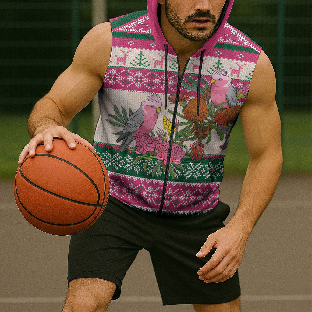 Aussie Galah Christmas Sleeveless Zip Hoodie Festive Knitted Pattern Inspired