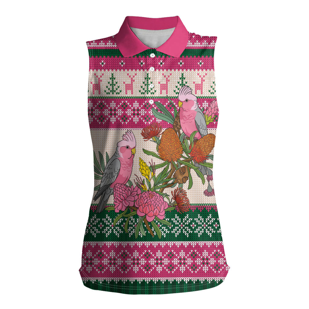 Aussie Galah Christmas Women Sleeveless Polo Shirt Festive Knitted Pattern Inspired