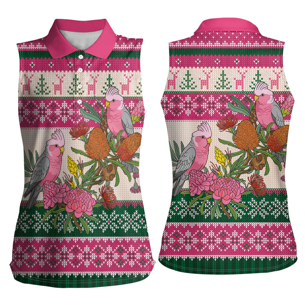Aussie Galah Christmas Women Sleeveless Polo Shirt Festive Knitted Pattern Inspired