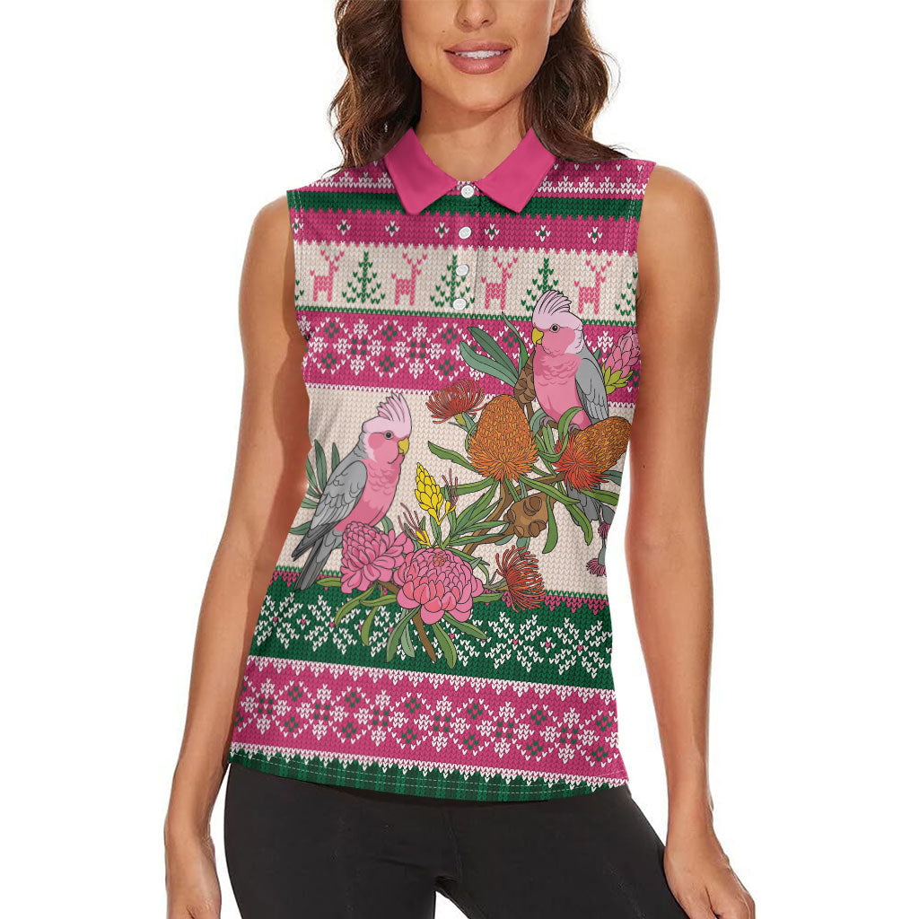Aussie Galah Christmas Women Sleeveless Polo Shirt Festive Knitted Pattern Inspired