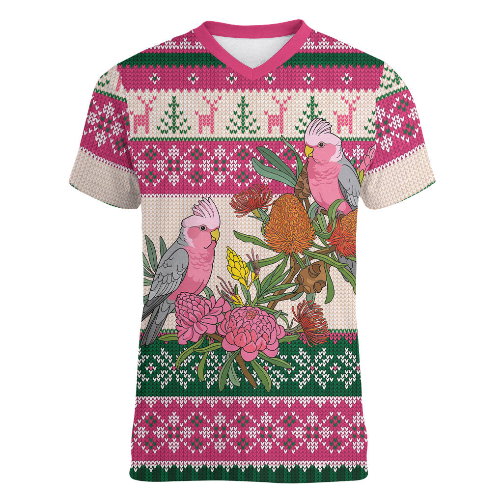 Aussie Galah Christmas Women V-Neck T-Shirt Festive Knitted Pattern Inspired