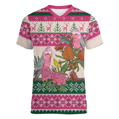 Aussie Galah Christmas Women V-Neck T-Shirt Festive Knitted Pattern Inspired