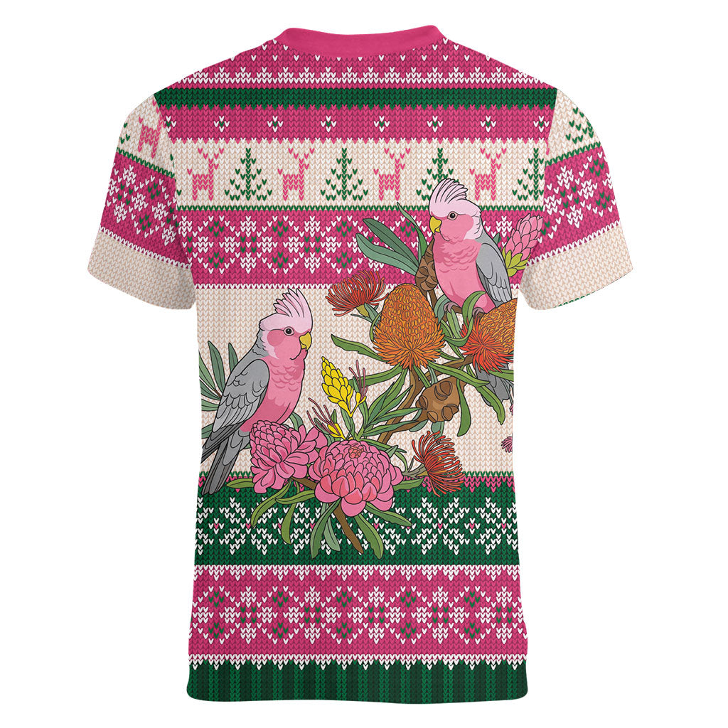 Aussie Galah Christmas Women V-Neck T-Shirt Festive Knitted Pattern Inspired