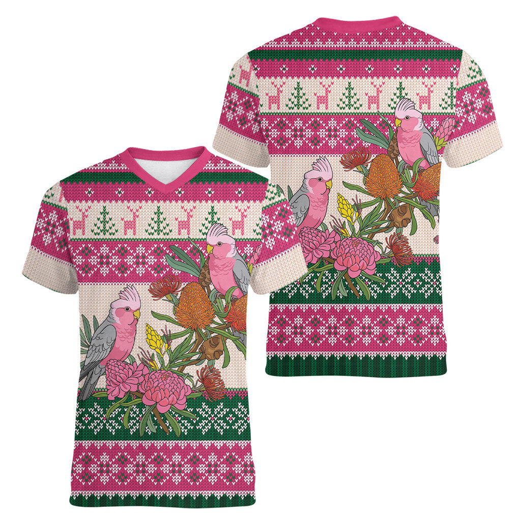 Aussie Galah Christmas Women V-Neck T-Shirt Festive Knitted Pattern Inspired
