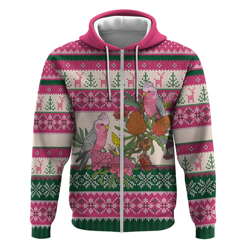 Aussie Galah Christmas Zip Hoodie Festive Knitted Pattern Inspired