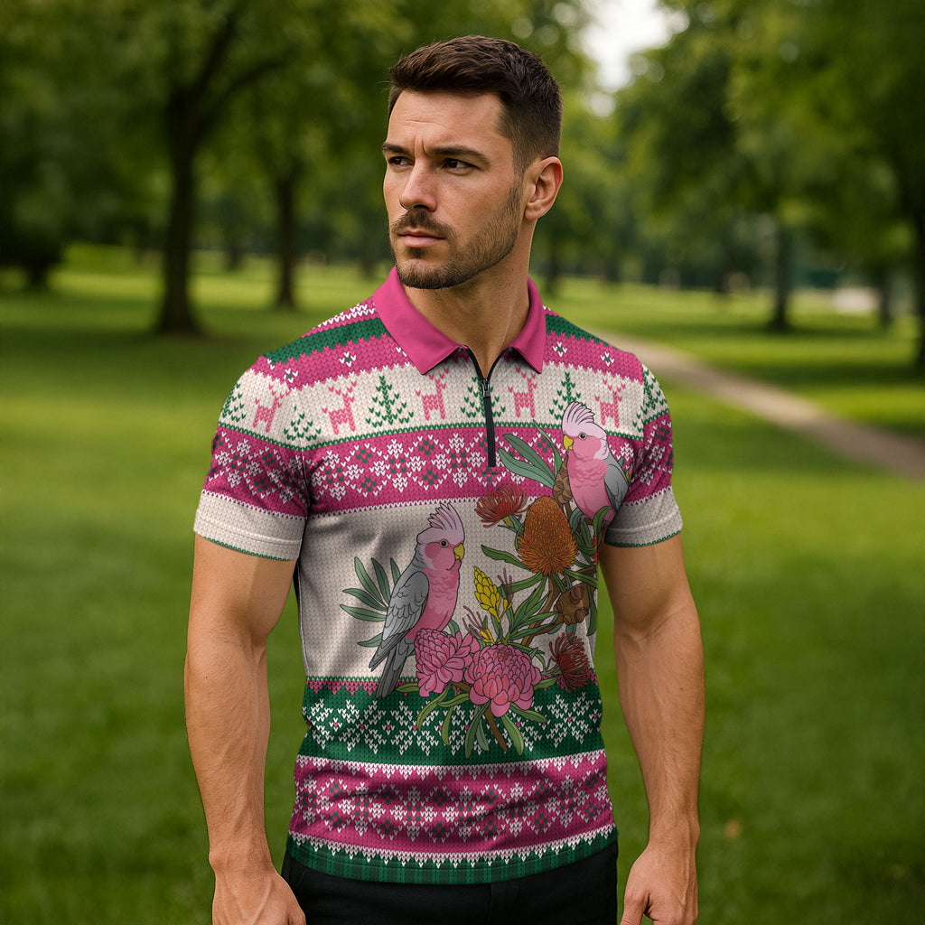 Aussie Galah Christmas Zipper Polo Shirt Festive Knitted Pattern Inspired