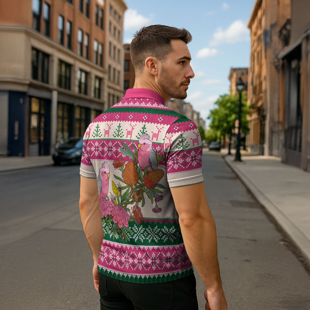 Aussie Galah Christmas Zipper Polo Shirt Festive Knitted Pattern Inspired