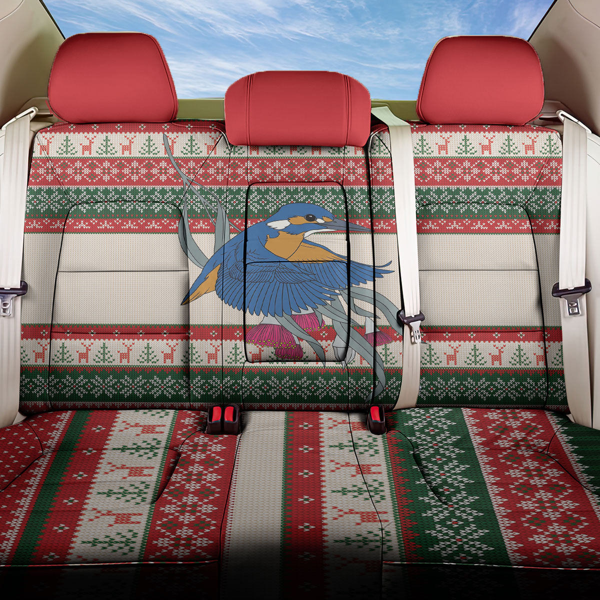 Aussie Kingfisher Bird Christmas Back Car Seat Cover Festive Knitted Pattern Inspired