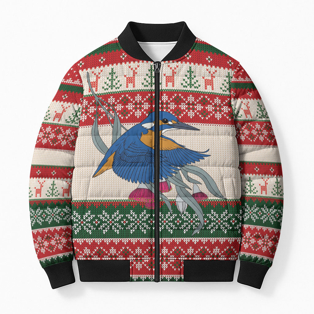 Aussie Kingfisher Bird Christmas Bomber Puffer Jacket Festive Knitted Pattern Inspired