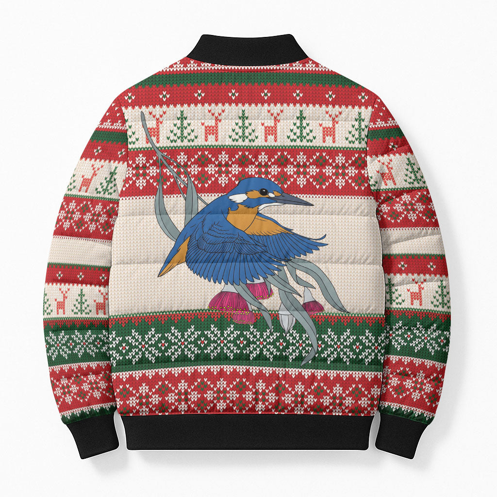 Aussie Kingfisher Bird Christmas Bomber Puffer Jacket Festive Knitted Pattern Inspired