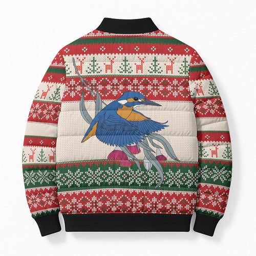 Aussie Kingfisher Bird Christmas Bomber Puffer Jacket Festive Knitted Pattern Inspired