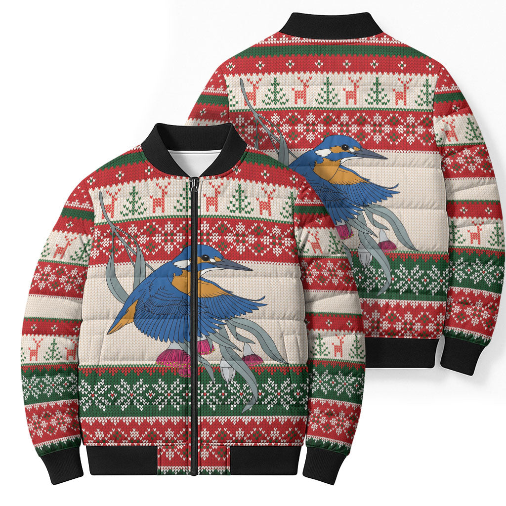 Aussie Kingfisher Bird Christmas Bomber Puffer Jacket Festive Knitted Pattern Inspired