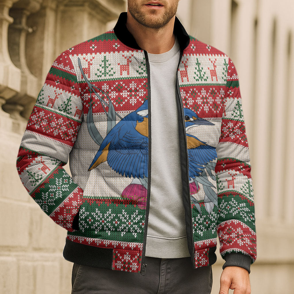 Aussie Kingfisher Bird Christmas Bomber Puffer Jacket Festive Knitted Pattern Inspired