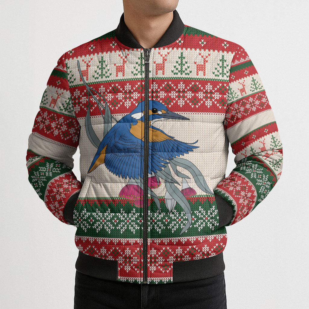 Aussie Kingfisher Bird Christmas Bomber Puffer Jacket Festive Knitted Pattern Inspired