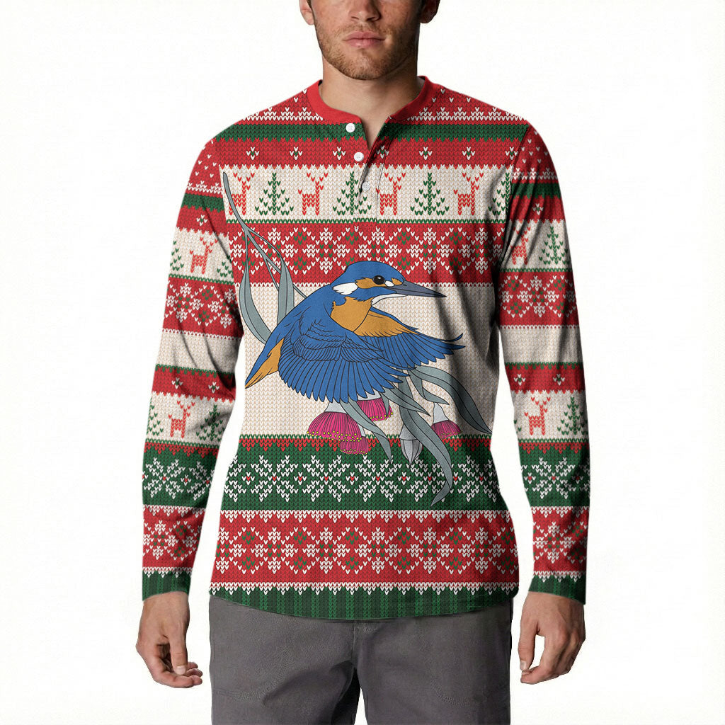 Aussie Kingfisher Bird Christmas Button Sweatshirt Festive Knitted Pattern Inspired