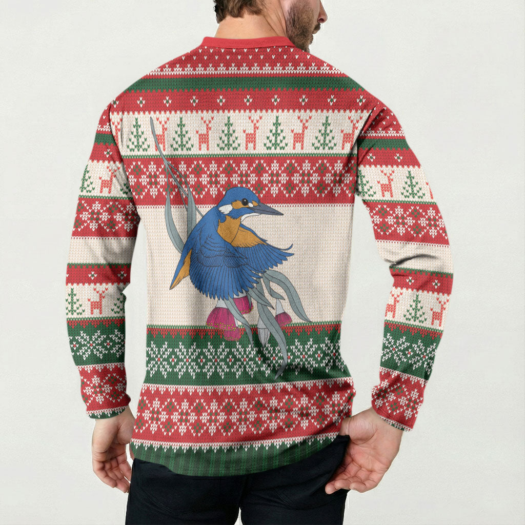 Aussie Kingfisher Bird Christmas Button Sweatshirt Festive Knitted Pattern Inspired