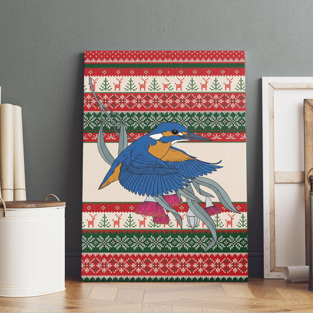 Aussie Kingfisher Bird Christmas Canvas Wall Art Festive Knitted Pattern Inspired