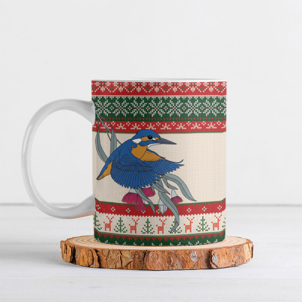 Aussie Kingfisher Bird Christmas Ceramic Mug Festive Knitted Pattern Inspired
