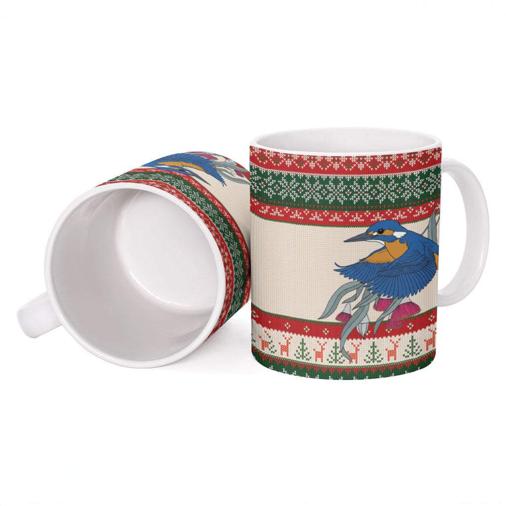 Aussie Kingfisher Bird Christmas Ceramic Mug Festive Knitted Pattern Inspired