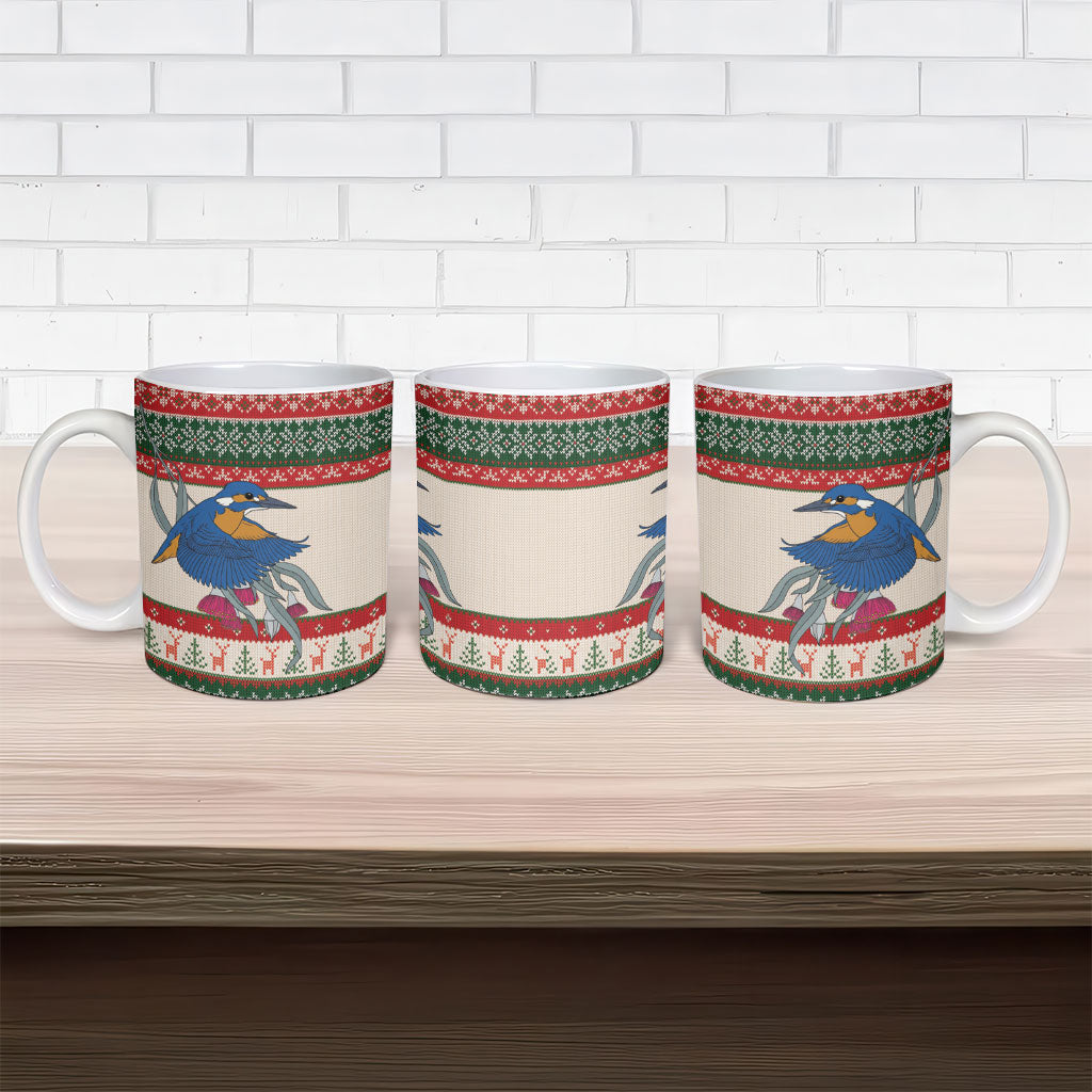 Aussie Kingfisher Bird Christmas Ceramic Mug Festive Knitted Pattern Inspired
