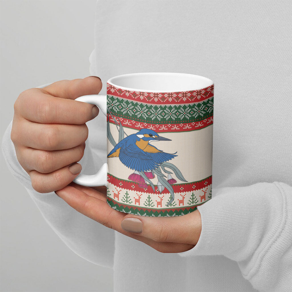 Aussie Kingfisher Bird Christmas Ceramic Mug Festive Knitted Pattern Inspired