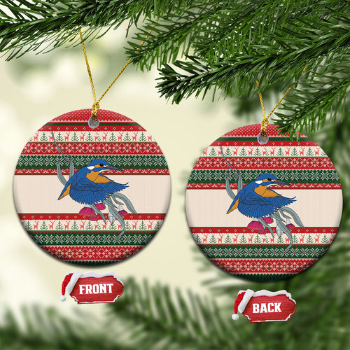 Aussie Kingfisher Bird Christmas Ceramic Ornament Festive Knitted Pattern Inspired