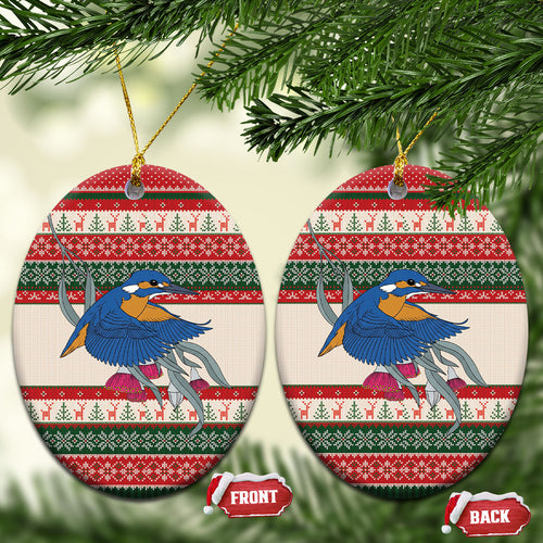 Aussie Kingfisher Bird Christmas Ceramic Ornament Festive Knitted Pattern Inspired