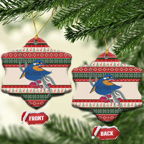 Aussie Kingfisher Bird Christmas Ceramic Ornament Festive Knitted Pattern Inspired