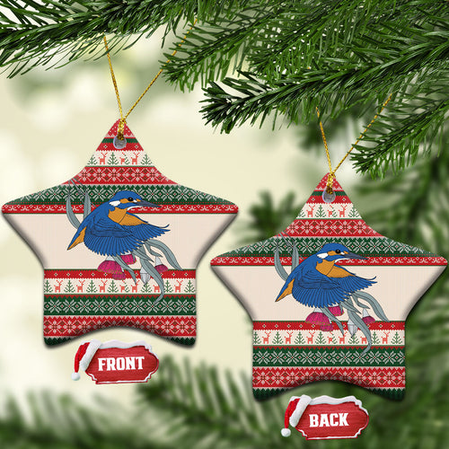 Aussie Kingfisher Bird Christmas Ceramic Ornament Festive Knitted Pattern Inspired