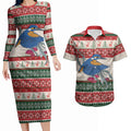 Aussie Kingfisher Bird Christmas Couples Matching Long Sleeve Bodycon Dress and Hawaiian Shirt Festive Knitted Pattern Inspired