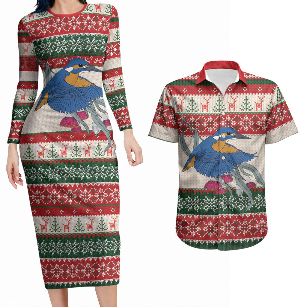 Aussie Kingfisher Bird Christmas Couples Matching Long Sleeve Bodycon Dress and Hawaiian Shirt Festive Knitted Pattern Inspired
