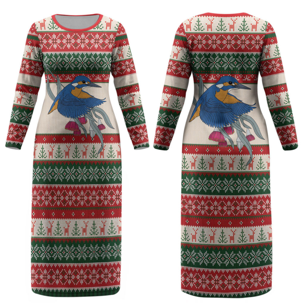 Aussie Kingfisher Bird Christmas Couples Matching Long Sleeve Bodycon Dress and Hawaiian Shirt Festive Knitted Pattern Inspired