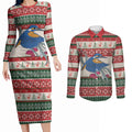 Aussie Kingfisher Bird Christmas Couples Matching Long Sleeve Bodycon Dress and Long Sleeve Button Shirt Festive Knitted Pattern Inspired