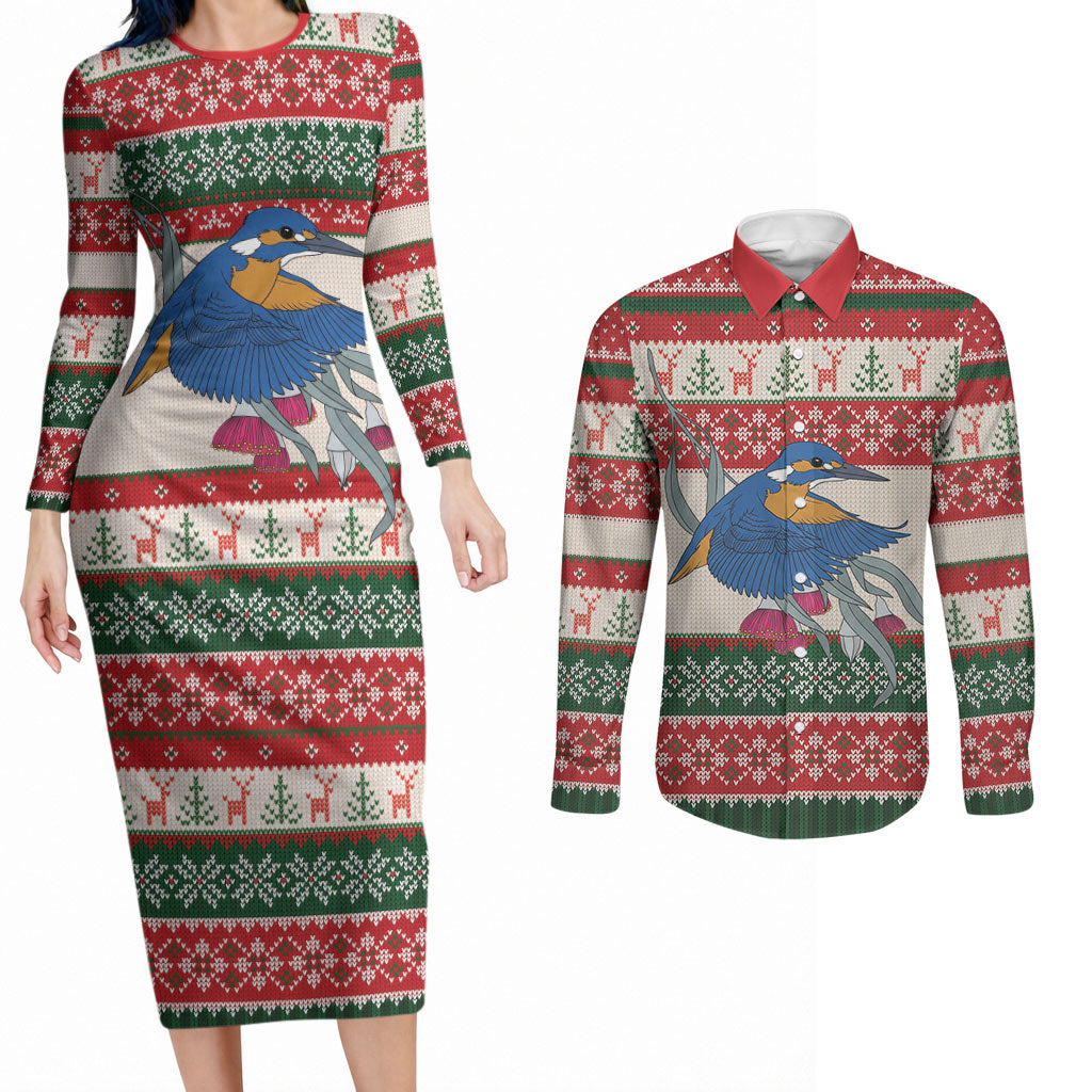 Aussie Kingfisher Bird Christmas Couples Matching Long Sleeve Bodycon Dress and Long Sleeve Button Shirt Festive Knitted Pattern Inspired