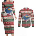 Aussie Kingfisher Bird Christmas Couples Matching Long Sleeve Bodycon Dress and Long Sleeve Button Shirt Festive Knitted Pattern Inspired
