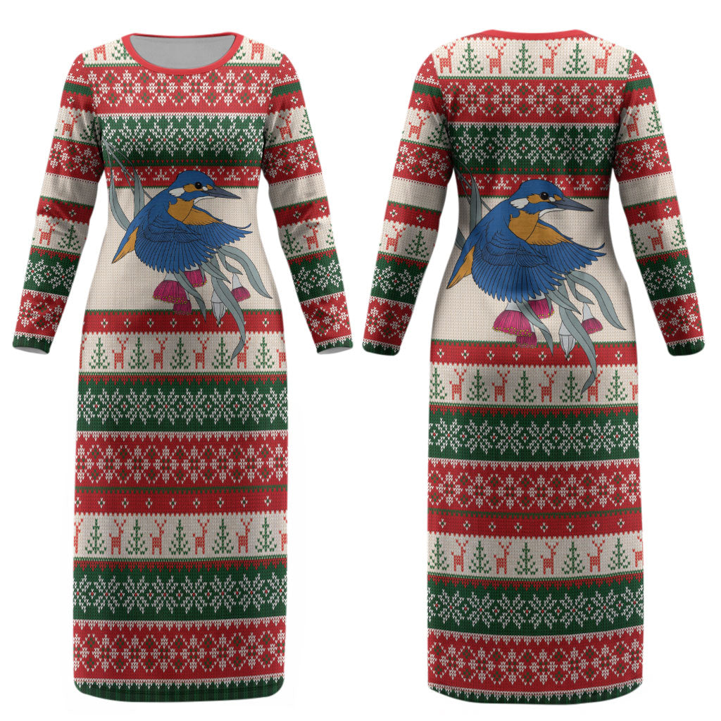 Aussie Kingfisher Bird Christmas Couples Matching Long Sleeve Bodycon Dress and Long Sleeve Button Shirt Festive Knitted Pattern Inspired