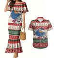 Aussie Kingfisher Bird Christmas Couples Matching Mermaid Dress and Hawaiian Shirt Festive Knitted Pattern Inspired
