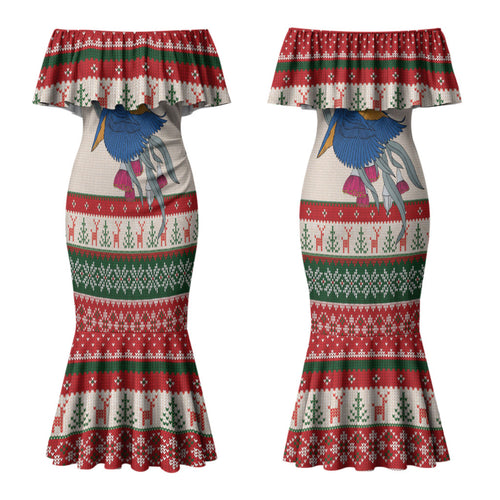 Aussie Kingfisher Bird Christmas Couples Matching Mermaid Dress and Hawaiian Shirt Festive Knitted Pattern Inspired