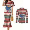 Aussie Kingfisher Bird Christmas Couples Matching Mermaid Dress and Long Sleeve Button Shirt Festive Knitted Pattern Inspired