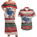 Aussie Kingfisher Bird Christmas Couples Matching Off Shoulder Maxi Dress and Hawaiian Shirt Festive Knitted Pattern Inspired