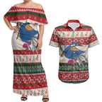Aussie Kingfisher Bird Christmas Couples Matching Off Shoulder Maxi Dress and Hawaiian Shirt Festive Knitted Pattern Inspired