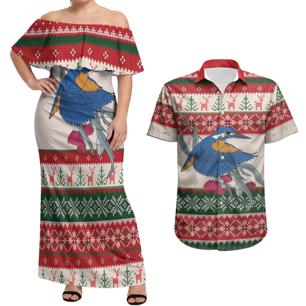 Aussie Kingfisher Bird Christmas Couples Matching Off Shoulder Maxi Dress and Hawaiian Shirt Festive Knitted Pattern Inspired