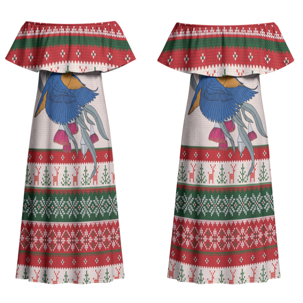 Aussie Kingfisher Bird Christmas Couples Matching Off Shoulder Maxi Dress and Hawaiian Shirt Festive Knitted Pattern Inspired