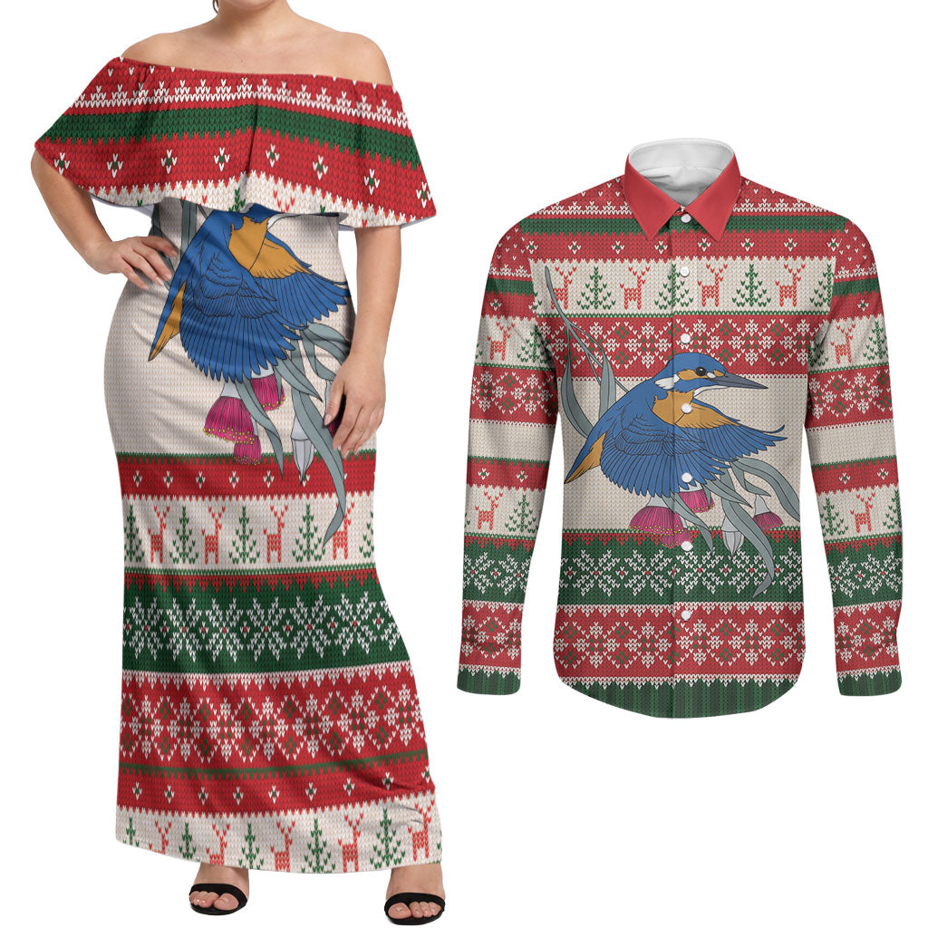 Aussie Kingfisher Bird Christmas Couples Matching Off Shoulder Maxi Dress and Long Sleeve Button Shirt Festive Knitted Pattern Inspired