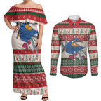 Aussie Kingfisher Bird Christmas Couples Matching Off Shoulder Maxi Dress and Long Sleeve Button Shirt Festive Knitted Pattern Inspired