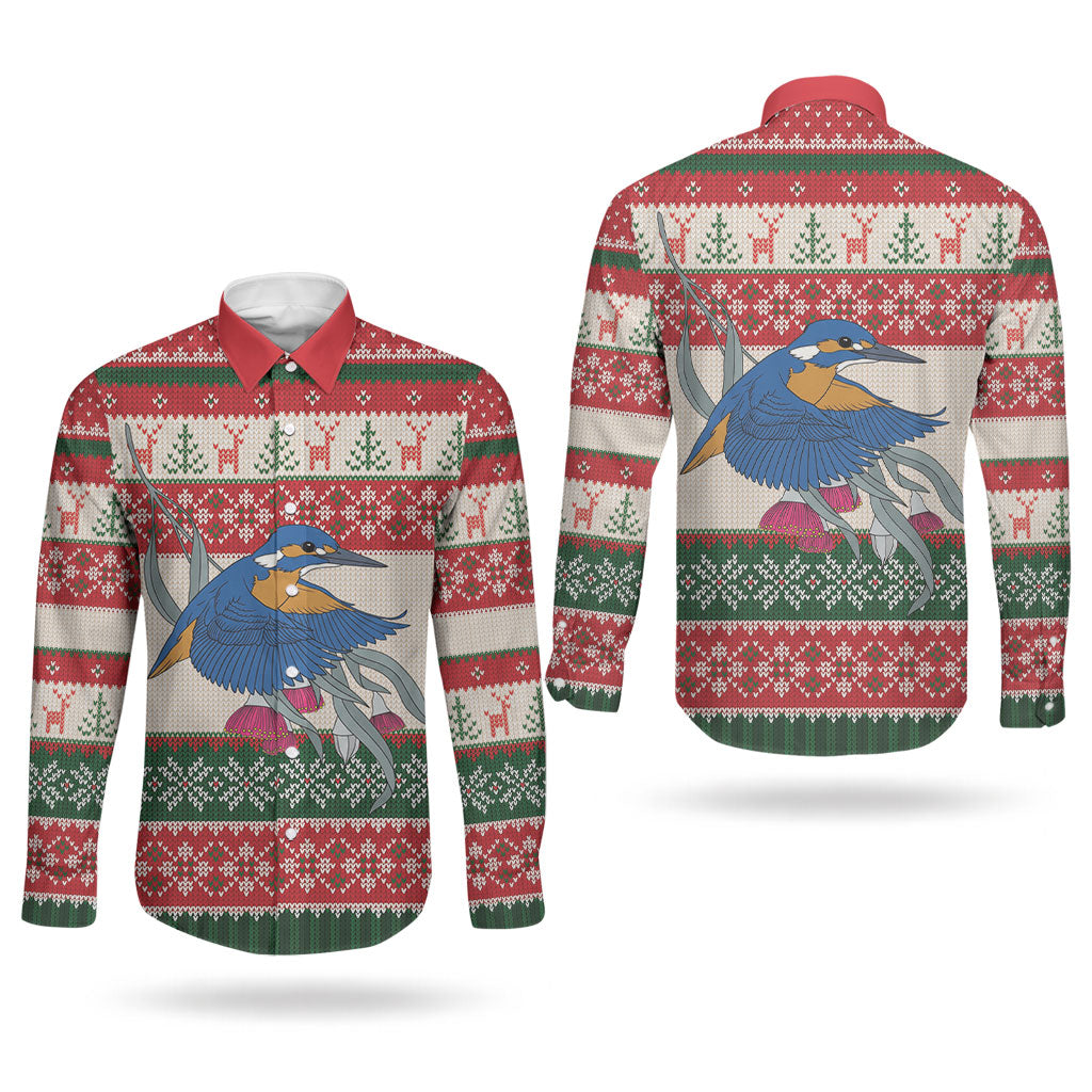 Aussie Kingfisher Bird Christmas Couples Matching Off Shoulder Maxi Dress and Long Sleeve Button Shirt Festive Knitted Pattern Inspired